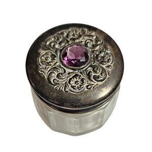 Antique Victorian Sterling Silver Crystal Inkwell Amethyst Topped Vanity Jar